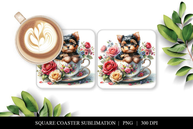Yorkie Square Coaster | Spring Floral Sublimation PNG Sublimation BijouBay 