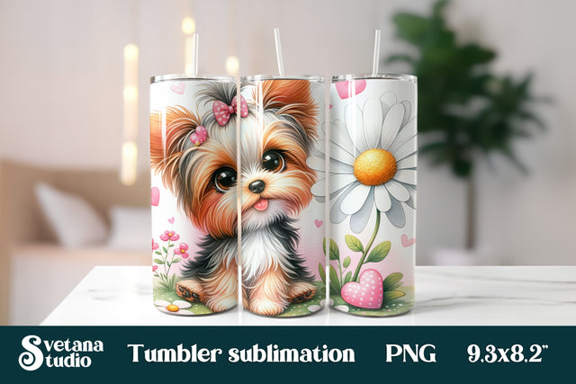 Yorkshire terrier dog flower daisy tumbler sublimation PNG Sublimation Svetana Studio 