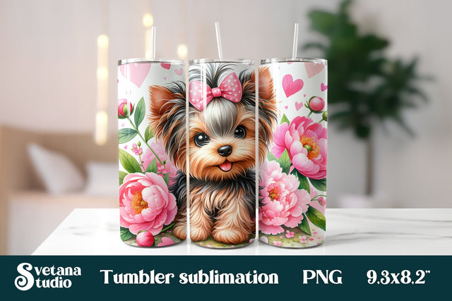 Yorkshire terrier dog peony tumbler sublimation PNG design Sublimation Svetana Studio 