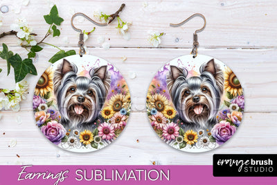 Yorkshire Terrier Earrings - Dog Mom Floral Round Earring Sublimation Sublimation OrangeBrushStudio 
