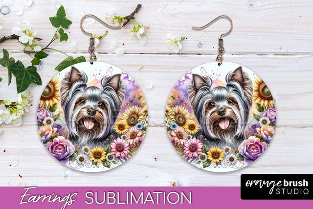 Yorkshire Terrier Earrings - Dog Mom Floral Round Earring Sublimation Sublimation OrangeBrushStudio 
