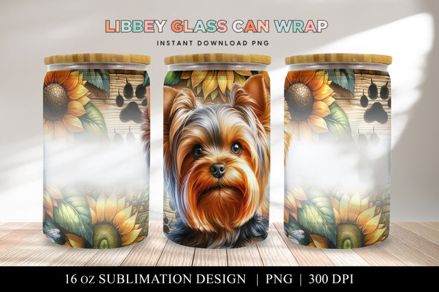 Yorkshire Terrier Libbey Glass Can Wrap, Dog Sunflower PNG Sublimation BijouBay 