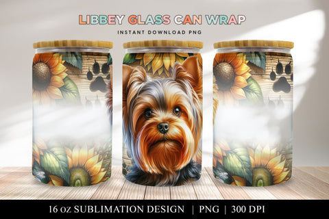 Yorkshire Terrier Libbey Glass Can Wrap, Dog Sunflower PNG Sublimation BijouBay 
