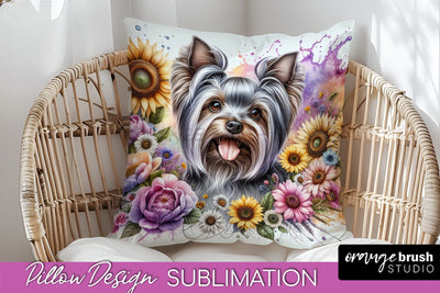 Yorkshire Terrier Pillow Cover - Dog Mom Floral Pillow Sublimation Sublimation OrangeBrushStudio 