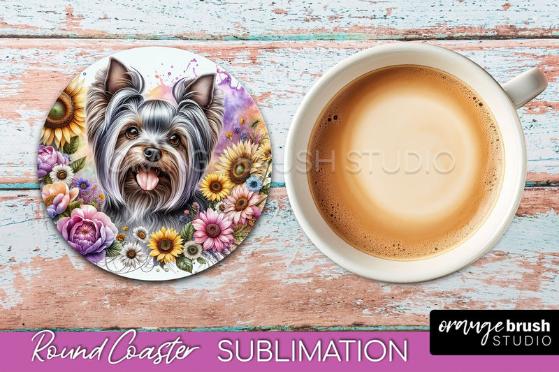 Yorkshire Terrier Round Coaster - Dog Mom Floral Coaster Sublimation Sublimation OrangeBrushStudio 