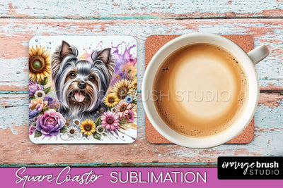 Yorkshire Terrier Square Coaster - Dog Mom Floral Coaster Sublimation Sublimation OrangeBrushStudio 