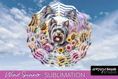 Yorkshire Terrier Wind Spinner, Dog Mom Floral Wind Spinner Sublimation Sublimation OrangeBrushStudio 