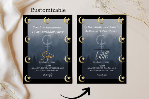 You Are Summoned Birthday Invitation | Goth Witch Party Invite Canva | Editable Dark Ritual Invite | 5x7 Printable + Mobile Version Invite Digital Pattern Willow Paige Farms 