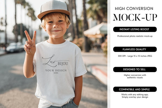 Youth Boy T-Shirt Mockup Blank White Tee Street Style Mock Up Photo BijouBay 