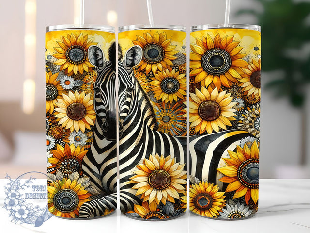 Zebra Sunflower Print Tumbler, Animal Print Sunflowers, 20Oz Sublimation, Zebra Stripe Floral, Sunflower Tumbler Printable, Black White Floral Wrap, Rustic Sunflower Design Sublimation ToriDesigns 