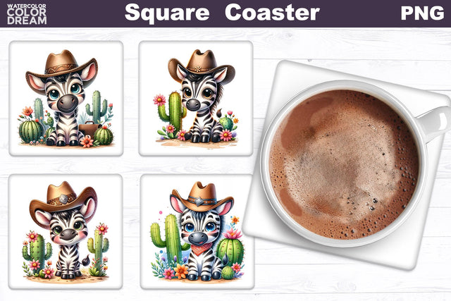 Zebra Western Square Coaster | Cute Cowboy Square Coaster Sublimation WatercolorColorDream 