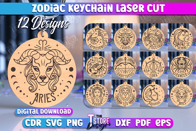 Zodiac Keychain Laser Cut | Astrology Design | Zodiac Sign | CNC File SVG The T Store Design 