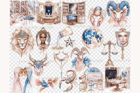 Zodiac Sign Clipart Set | Celestial PNG with Mystical Zodiac SVG GlamArtZhanna 