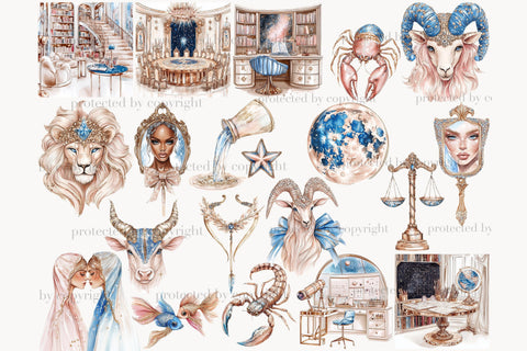 Zodiac Sign Clipart Set | Celestial PNG with Mystical Zodiac SVG GlamArtZhanna 