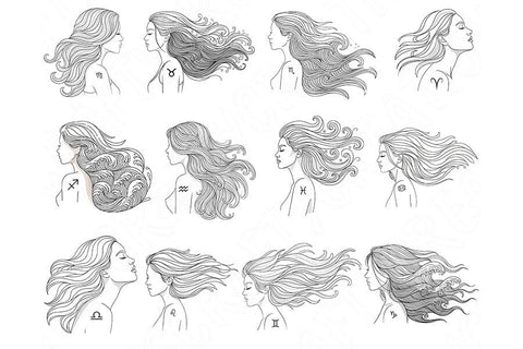 Zodiac Woman Silhouette Bundle, Astrology Png Set, Feminine Line Art, Celestial Zodiac Signs, Boho Aesthetic Clipart, Spiritual Art Pngs SVG TiffsCraftyCreations 