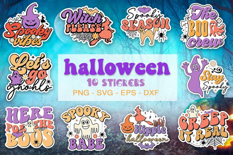 10 Halloween printable sticker bundle, Halloween sticker png, retro Halloween sticker, retro sticker, witch sticker, boo sticker SVG etcify 