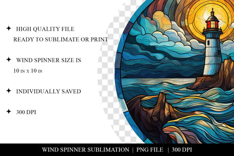 10 Inch Stained Glass Lighthouse Windspinner Sublimation PNG Sublimation BijouBay 