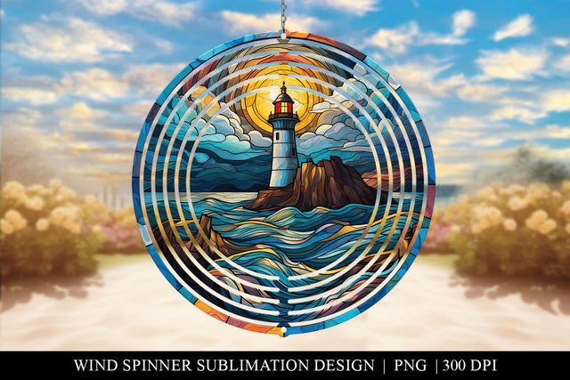 10 Inch Stained Glass Lighthouse Windspinner Sublimation PNG Sublimation BijouBay 