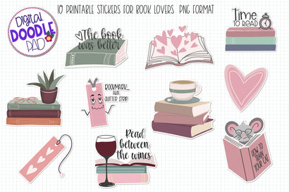 10 Printable Stickers For Book Lovers SVG Digital Doodle Pad 