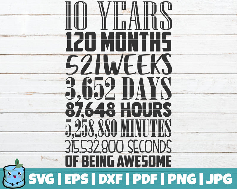 10 Years In Months Weeks Days Hours Minutes Seconds SVG MintyMarshmallows 