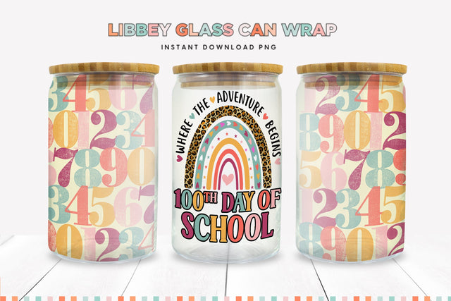 100th Day Of School Libbey Glass Can Sublimation PNG Sublimation BijouBay 
