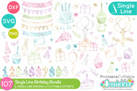 107 Birthday Single Line SVG Designs Sketch Bundle SVG Printable Cuttable Creatables 