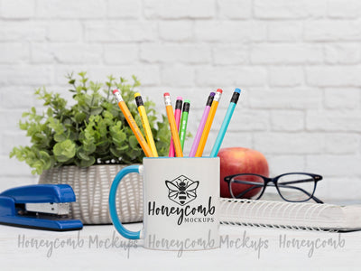 11 Ounce Blue Accent Mug Mockup, Teacher Mockup, School Mockup, Styled Mug Photo, Sublimation Mug Mockup Mock Up Photo Honeycomb Mockups 
