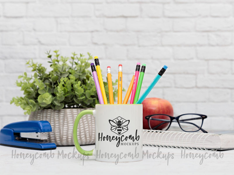 11 Ounce Green Accent Mug, Teacher Mug Mockup, Sublimation Mockup, Styled Photo, Mock Up Photo Honeycomb Mockups 