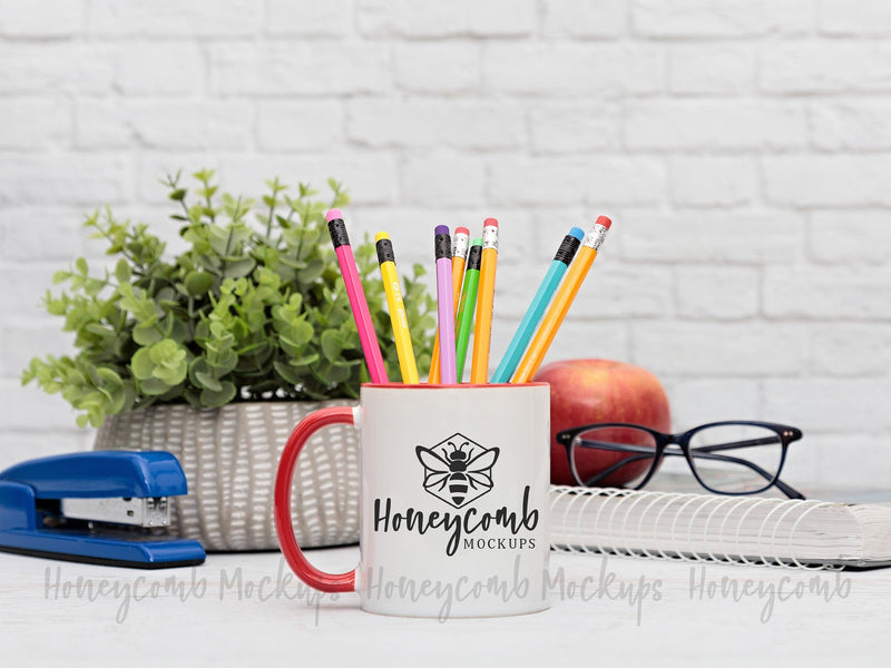 11 Ounce Red Accent Mug Mockup, Teacher Mockup, School Mockup, Sublimation Mockup Mock Up Photo Honeycomb Mockups 