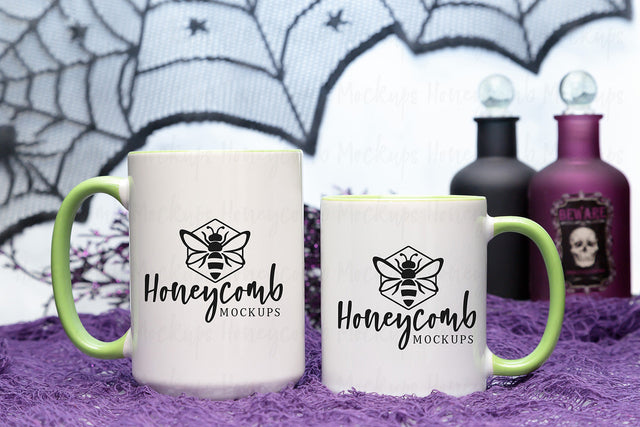 11oz and 15oz Green Accent mug mockup, Halloween Mug Mockup, Styled Mug Photo, Witchy Mug Mockup, Blank Mug Mockup, Coffee Cup Mockup Mock Up Photo Honeycomb Mockups 