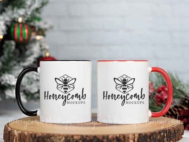 11oz Black Accent mug and 11oz Red Accent mug mockup, Christmas Mug Mockup, Styled Mug Photo, Holiday Mug Mockup, Blank Mug Mockup, Coffee Cup Mockup Mock Up Photo Honeycomb Mockups 