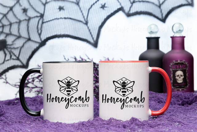 11oz Black Accent mug and 11oz Red Accent mug mockup, Halloween Mug Mockup, Styled Mug Photo, Witchy Mug Mockup, Blank Mug Mockup, Coffee Cup Mockup Mock Up Photo Honeycomb Mockups 
