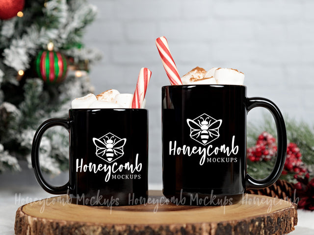 11oz Black and 15oz Black marshmallow mug mockup, Two Black mugs mockup, Christmas Mug Mockup, Styled Mug Photo, Holiday Mug Mockup, Blank Mug Mockup, Coffee Cup Mockup Mock Up Photo Honeycomb Mockups 