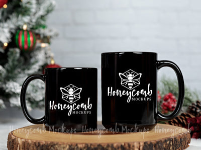 11oz Black and 15oz Black mug mockup, Two Black mugs mockup, Christmas Mug Mockup, Styled Mug Photo, Holiday Mug Mockup, Blank Mug Mockup, Coffee Cup Mockup Mock Up Photo Honeycomb Mockups 