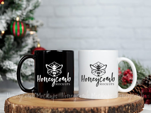 11oz Black Mug and 11oz White Mug Mockup, Matching Mug Mockup, Two Mugs Mockup, Christmas Mugs Mockup Mock Up Photo Honeycomb Mockups 