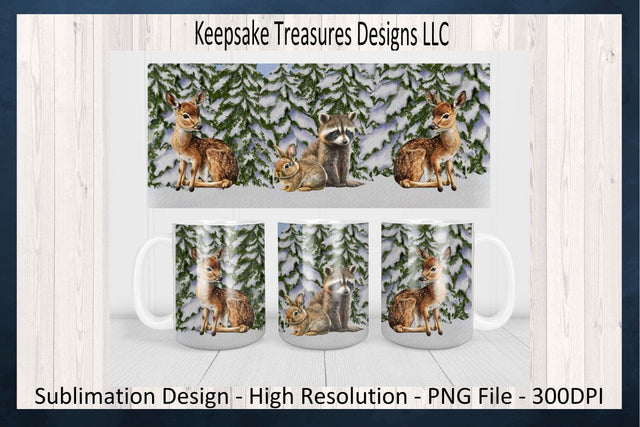 11oz Mug Wrap, Winter Woodland Animals, Log Cabin Winter Mug Wrap Design, Coaster Template, Sublimation PNG, Digital Download, Log House Sublimation Keepsake Treasures Designs LLC. 
