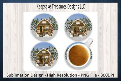 11oz Mug Wrap, Winter Woodland Animals, Log Cabin Winter Mug Wrap Design, Coaster Template, Sublimation PNG, Digital Download, Log House Sublimation Keepsake Treasures Designs LLC. 