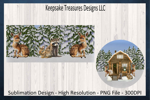 11oz Mug Wrap, Winter Woodland Animals, Log Cabin Winter Mug Wrap Design, Coaster Template, Sublimation PNG, Digital Download, Log House Sublimation Keepsake Treasures Designs LLC. 