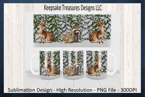 11oz Mug Wrap, Winter Woodland Animals, Log Cabin Winter Mug Wrap Design, Coaster Template, Sublimation PNG, Digital Download, Log House Sublimation Keepsake Treasures Designs LLC. 