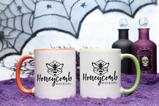 11oz Orange Accent mug and 11oz Green Accent mug mockup, Halloween Mug Mockup, Styled Mug Photo, Witchy Mug Mockup, Blank Mug Mockup, Coffee Cup Mockup Mock Up Photo Honeycomb Mockups 