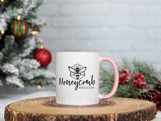 11oz Pink Accent mug mockup, Christmas Mug Mockup, Styled Mug Photo, Holiday Mug Mockup, Blank Mug Mockup, Coffee Cup Mockup Mock Up Photo Honeycomb Mockups 
