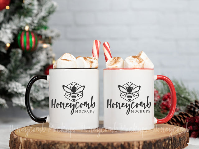 11oz Red Accent mug and 11oz Black Accent mug mockup, Christmas Mug Mockup, Styled Mug Photo, Holiday Mug Mockup, Blank Mug Mockup, Coffee Cup Mockup Mock Up Photo Honeycomb Mockups 