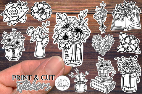 12 Flower Print & Cut Stickers | Hand Drawn Floral Sticker Designs | DIGITAL DOWNLOAD SVG Diva Watts Designs 