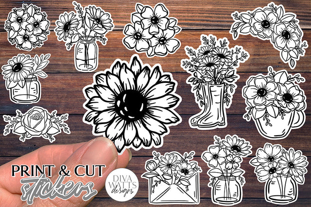 12 Flower Print & Cut Stickers | Hand Drawn Floral Sticker Designs | DIGITAL DOWNLOAD SVG Diva Watts Designs 