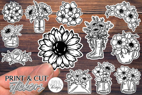 12 Flower Print & Cut Stickers | Hand Drawn Floral Sticker Designs | DIGITAL DOWNLOAD SVG Diva Watts Designs 