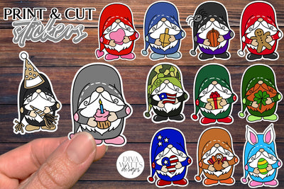 12 Holiday Gnome Print & Cut Stickers | Hand Drawn Gnome Designs | DIGITAL DOWNLOAD SVG Diva Watts Designs 