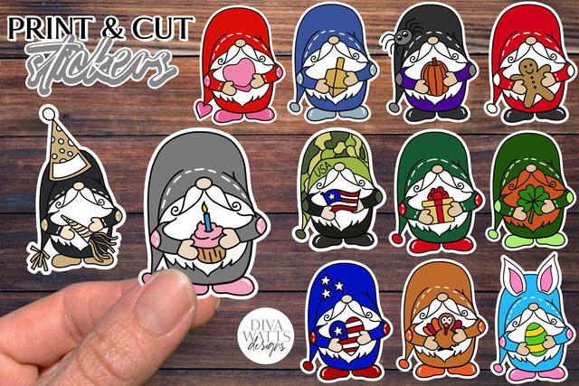 12 Holiday Gnome Print & Cut Stickers | Hand Drawn Gnome Designs | DIGITAL DOWNLOAD SVG Diva Watts Designs 