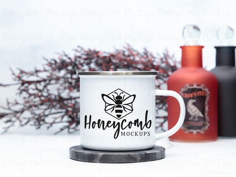 12 Ounce White Enamel Mug Mockup, Styled Mug Photo, Witchy Mug Mockup, Halloween Mug Mockup, Coffee Cup Mockup, Blank Mug Mockup Mock Up Photo Honeycomb Mockups 