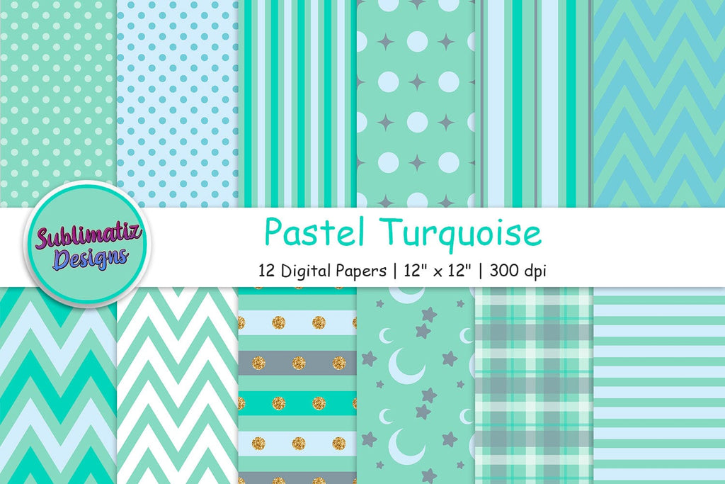 Paper Line Turquoise 12 Pastel Turquoise Digital Papers - So Fontsy