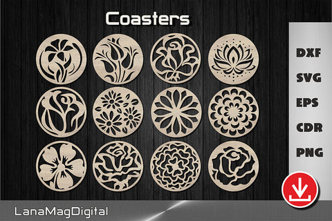 12 Round flower coasters svg, Floral Grill trivet laser cut files SVG LanaMagDigital 